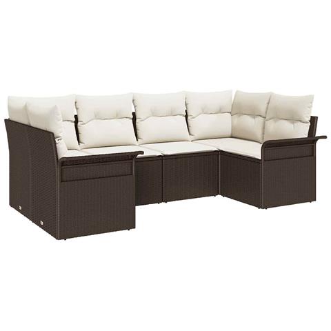 Set Divani Giardino 6 Pezzi con Cuscini Rattan Poliestere Marrone, Divano Giardino 2 Posti con Ripostiglio e Cuscini Rattan Poliestere Marrone - Foto 1