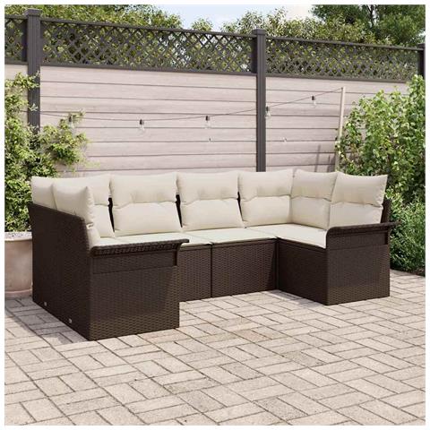 Set Divani Giardino 6 Pezzi con Cuscini Rattan Poliestere Marrone, Divano Giardino 2 Posti con Ripostiglio e Cuscini Rattan Poliestere Marrone - Foto 2