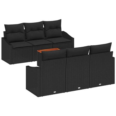 Set Divano da Giardino da 7 Pezzi con Cuscini Nero Polyrattan Acacia - Foto 1