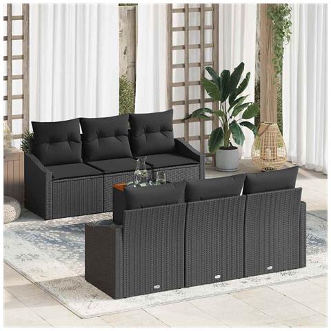 Set Divano da Giardino da 7 Pezzi con Cuscini Nero Polyrattan Acacia - Foto 2