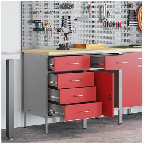 Set Armadi da Lavoro 2 Pezzi Rosso e Grigio in Legno Ingegnerizzato e Acciaio - Foto 2