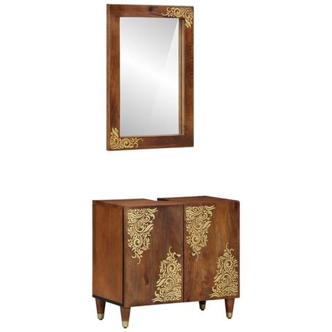 Set di Mobili per Bagno 2 Pezzi Legno Massello di Mango, Mobile per Lavabo 62x33x58 cm Legno Massello di Mango, Specchio per Bagno 50x70x3 cm Legno Massello di Mango - Foto 1