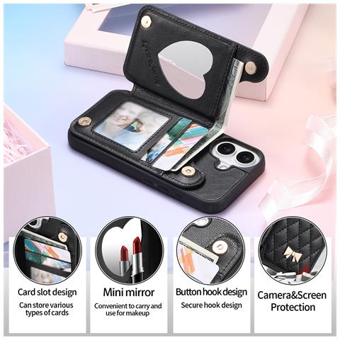 Elegante Custodia A Portafoglio Compatibile Con Iphone 17 Air Con Porta Carte, Cavalletto E Specchietto Per Trucco Black - Foto 5
