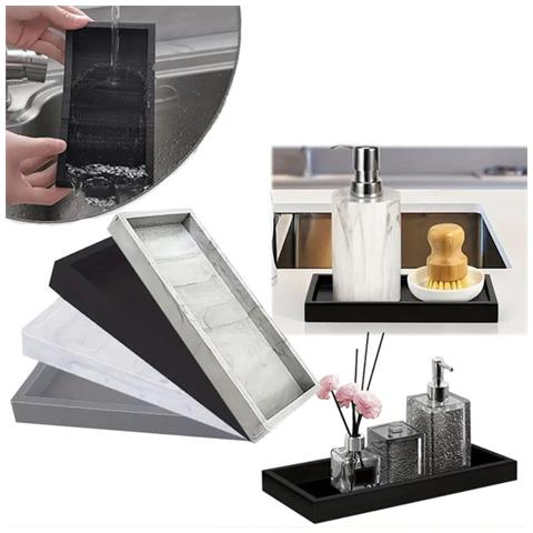 Vassoio Organizer Quadrato Grande In Silicone Per Bagno - Motivo Marmo, 30x12.5x2cm Black - Foto 4