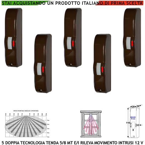 Sensori Di Movimento Marrone 5 Doppia Tecnologia Tenda Portata 5 Mt Antifurto Rileva Intrusi Vano Finestra Esterno Pro - Foto 1