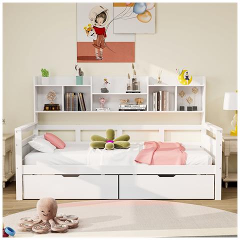 Divano Letto 90x200, Letto Per Bambini, Letto Per Ragazzi, Letto Singolo, Letto In Legno Massiccio, Bianco - Foto 4
