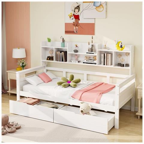 Divano Letto 90x200, Letto Per Bambini, Letto Per Ragazzi, Letto Singolo, Letto In Legno Massiccio, Bianco - Foto 1