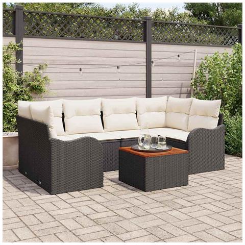 Set Divano Giardino a 7 Pezzi con Cuscini Nero Polyrattan Acacia, Divano da Giardino a 2 Posti con Storage e Cuscini Nero Polyrattan - Foto 2