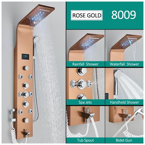 Pannello doccia, Blackswan, tipo M8009, modello oro rosa con bocca, display digitale, doccetta bidet, LED e funzioni SPA, misura 128 cm - Foto 2