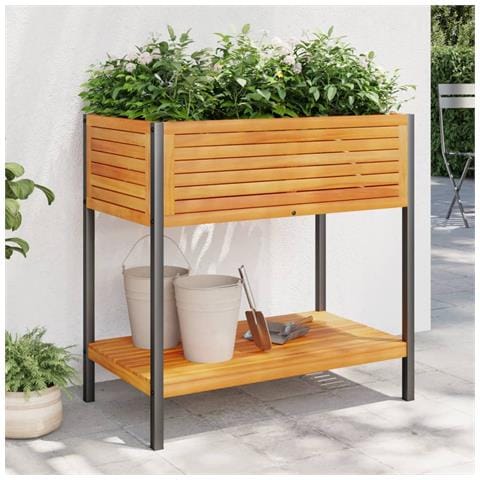 Fioriera Con Ripiano 80x45x80 Cm In Legno Acacia E Acciaio - Foto 1