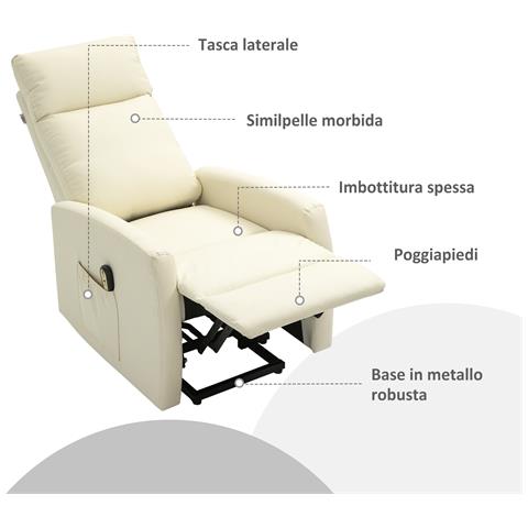Poltrona Alzapersona Con Telecomando E Schienale Reclinabile A 145°, Similpelle Color Crema - Foto 6
