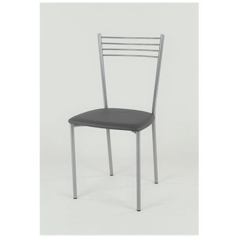 Set 4 Sedie Modello Elena Per Cucina Bar E Sala Da Pranzo, Robusta Struttura In Acciaio Verniciato Alluminio, Seduta In Finta Pelle Grigio Scuro - Foto 2