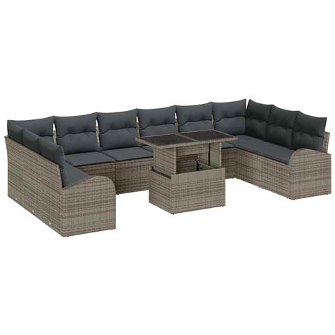 Set 11 pezzi divani da giardino con cuscini grigio polyrattan, Divano da giardino per 2 con spazio di stoccaggio e cuscini grigio polyrattan - Foto 1