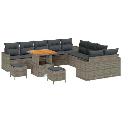 Set di divani da giardino con cuscini  13 pezzi grigio rattan poliestere acacia, Set da pranzo da giardino  3 pezzi con cuscini grigio rattan poliestere acacia - Foto 1