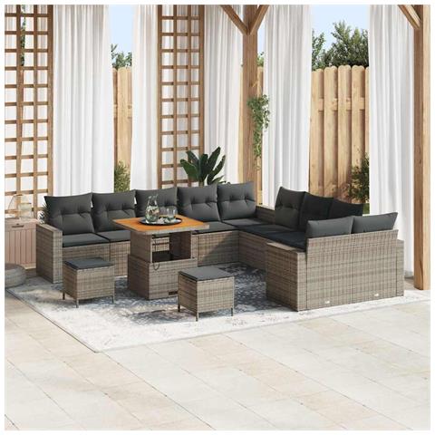 Set di divani da giardino con cuscini  13 pezzi grigio rattan poliestere acacia, Set da pranzo da giardino  3 pezzi con cuscini grigio rattan poliestere acacia - Foto 2