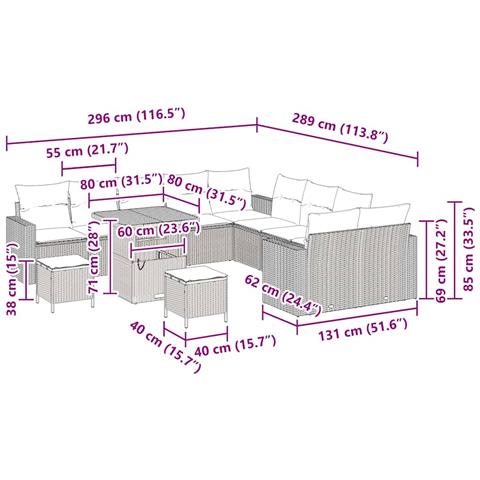 Set di divani da giardino con cuscini  13 pezzi grigio rattan poliestere acacia, Set da pranzo da giardino  3 pezzi con cuscini grigio rattan poliestere acacia - Foto 9