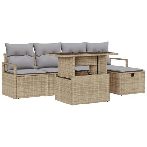 Set Divani Giardino 6 Pezzi Cuscini Beige Rattan Polipropilene,  Divano Giardino 2 Posti Cuscini Beige Rattan Polipropilene - Foto 1