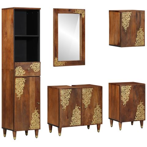 Set di Mobili per Bagno  da 5 Pezzi in Legno Massello di Mango, Armadio per Lavabo da Bagno  62x33x58 cm Legno Massello di Mango, Specchio da Bagno  50x70x3 cm Legno Massello di Mango, Credenza  38x33x160 cm Legno Massello di Mango, Armadio da Bagno  38x3 - Foto 1