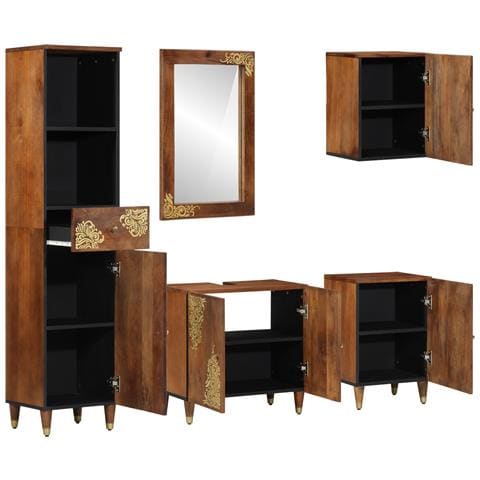 Set di Mobili per Bagno  da 5 Pezzi in Legno Massello di Mango, Armadio per Lavabo da Bagno  62x33x58 cm Legno Massello di Mango, Specchio da Bagno  50x70x3 cm Legno Massello di Mango, Credenza  38x33x160 cm Legno Massello di Mango, Armadio da Bagno  38x3 - Foto 2