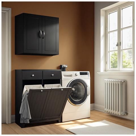 Mobiletto Bagno Con Portabiancheria, 2 Cassetti E 2 Sacchi, Nero - Foto 2