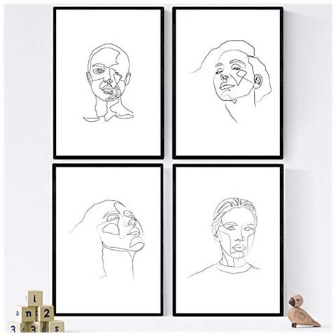 Set Di 4 Stampe Lamini Di Disegni E Schizzi A Una Linea Volti Donne 4 Poster Nordico Dei Volti Nudi Corpi Al Naturale Tavolo Cornice Nera A3 - Foto 1