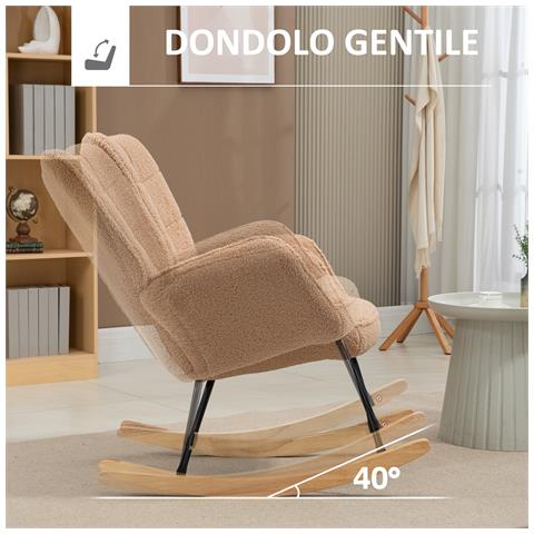 Poltrona a Dondolo Imbottita in Legno e Acciaio con Rivestimento Bouclé, 71x98x101 cm, Marrone - Foto 2