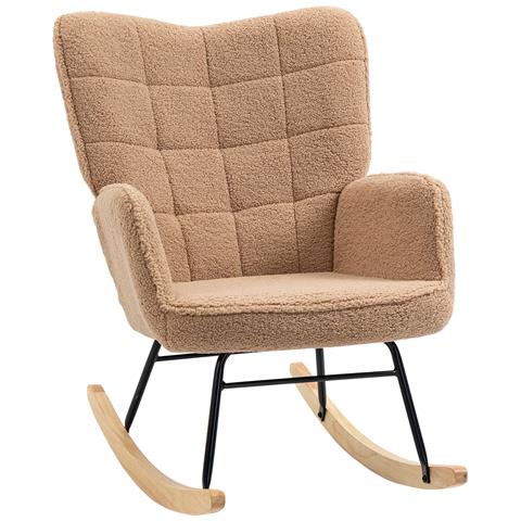 Poltrona a Dondolo Imbottita in Legno e Acciaio con Rivestimento Bouclé, 71x98x101 cm, Marrone - Foto 1