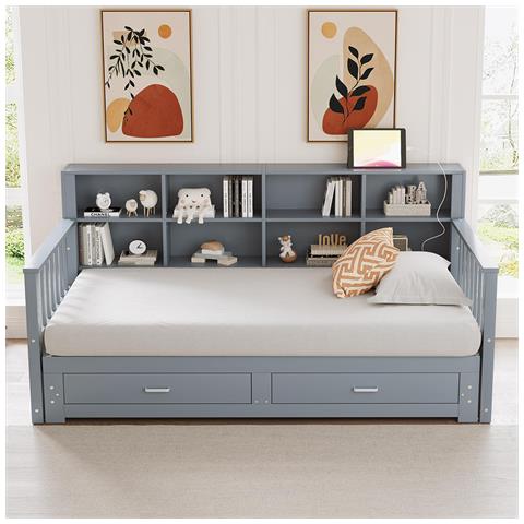 Divano Letto In Legno Massiccio 90/180x190 Cm, Armadio, Con 2 Cassetti, Letto Multifunzionale In Pino, Grigio - Foto 1