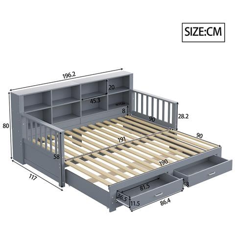 Divano Letto In Legno Massiccio 90/180x190 Cm, Armadio, Con 2 Cassetti, Letto Multifunzionale In Pino, Grigio - Foto 2