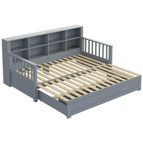 Divano Letto In Legno Massiccio 90/180x190 Cm, Armadio, Con 2 Cassetti, Letto Multifunzionale In Pino, Grigio - Foto 4