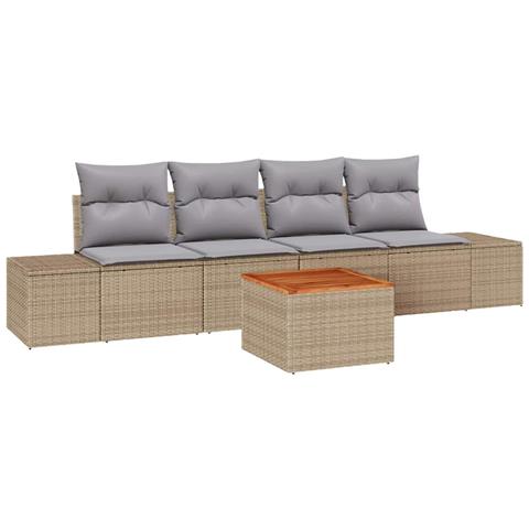 Set di divani da giardino 5 Pezzi con cuscini Beige Polyrattan Acacia - Foto 1
