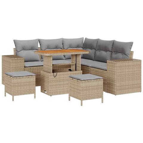 Set Divano Giardino a 8 Pezzi con Cuscini Beige Polirattan Acacia, Set da Pranzo Giardino a 3 Pezzi con Cuscini Beige Polirattan Acacia - Foto 1