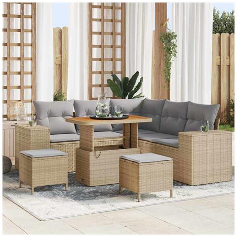 Set Divano Giardino a 8 Pezzi con Cuscini Beige Polirattan Acacia, Set da Pranzo Giardino a 3 Pezzi con Cuscini Beige Polirattan Acacia - Foto 2