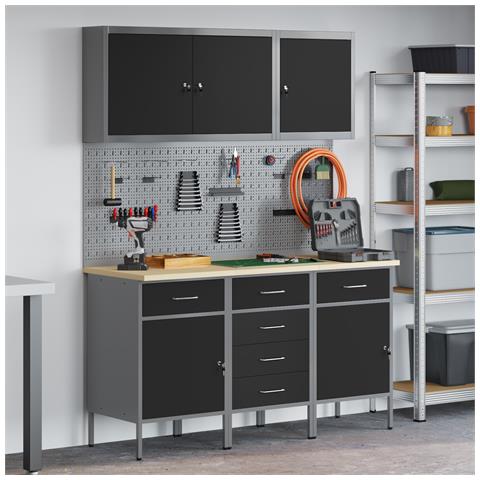 Set di armadi da lavoro e pannelli pegboard neri in MDF e metallo da 8 pezzi - Foto 2