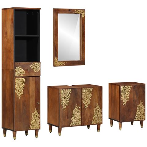 Set di Mobili per Bagno in Legno Massello di Mango (4 Pezzi), Armadio per Lavabo 62x33x58 cm in Legno Massello di Mango, Specchio 50x70x3 cm in Legno Massello di Mango, Mobile Laterale 38x33x160 cm in Legno Massello di Mango, Armadio da Bagno 38x33x5 - Foto 1