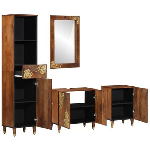 Set di Mobili per Bagno in Legno Massello di Mango (4 Pezzi), Armadio per Lavabo 62x33x58 cm in Legno Massello di Mango, Specchio 50x70x3 cm in Legno Massello di Mango, Mobile Laterale 38x33x160 cm in Legno Massello di Mango, Armadio da Bagno 38x33x5 - Foto 2