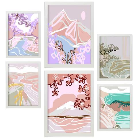 Set Di 6 Stampe Natura Silenziosa In Paesaggi Astratti, Dipinti Decorativi Estetici Per Il Tuo Soggiorno, Camera Da Letto, Casa A3 & A4 Cornice Bianca - Foto 1