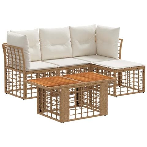 Set Divano da Giardino 5 pz Naturale e Bianco Crema polyrattan - Foto 1