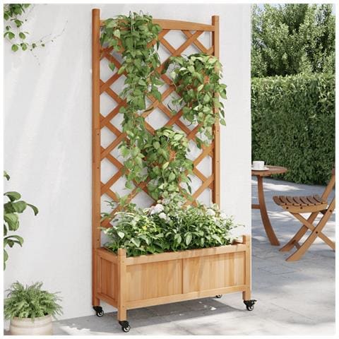 Fioriera Con Traliccio E Ruote Marrone Legno Massello Di Abete - Foto 1