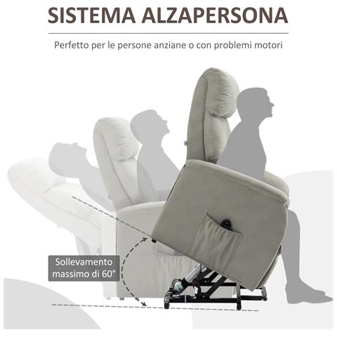 Poltrona Alzapersona Reclinabile 150° Max Con Telecomando E Poggiapiedi, 75x93x110 Cm, Grigio - Foto 6