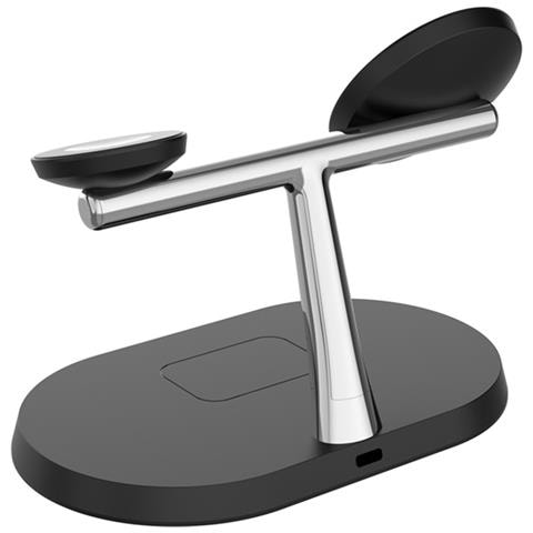 Caricabatterie Wireless 3 In 1 Da 15w Con Supporto In Acciaio, Nero / Argento - Foto 2