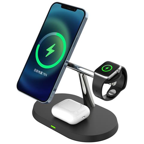 Caricabatterie Wireless 3 In 1 Da 15w Con Supporto In Acciaio, Nero / Argento - Foto 3