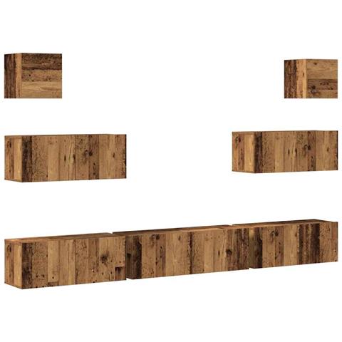 Set Mobile Tv 7 Pz Montato A Parete Legno Antico In Truciolato - Foto 2