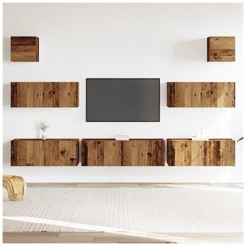 Set Mobile Tv 7 Pz Montato A Parete Legno Antico In Truciolato - Foto 3