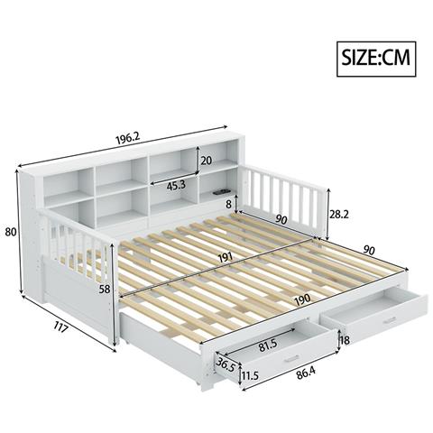 Divano Letto In Legno Massiccio 90/180x190 Cm, Armadio, Con 2 Cassetti, Letto Multifunzionale In Legno Di Pino , Bianco - Foto 2