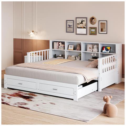 Divano Letto In Legno Massiccio 90/180x190 Cm, Armadio, Con 2 Cassetti, Letto Multifunzionale In Legno Di Pino , Bianco - Foto 1