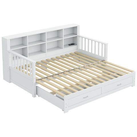 Divano Letto In Legno Massiccio 90/180x190 Cm, Armadio, Con 2 Cassetti, Letto Multifunzionale In Legno Di Pino , Bianco - Foto 4