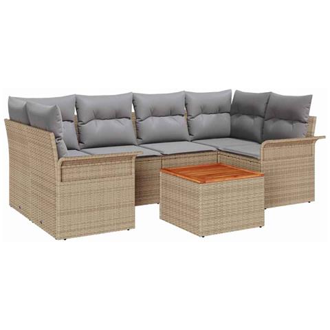 Set 7 Pezzi Divani Giardino Con Cuscini Beige Rattan Acacia, Divano Giardino Due Posti con Ripostiglio e Cuscini Beige Rattan - Foto 1