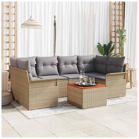 Set 7 Pezzi Divani Giardino Con Cuscini Beige Rattan Acacia, Divano Giardino Due Posti con Ripostiglio e Cuscini Beige Rattan - Foto 2