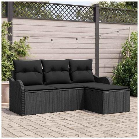 Set di Divani da Giardino con Cuscini  4 Pezzi Nero Rattan Polietilene, Divano da Giardino a 2 Posti con Cuscini  Nero Rattan Polietilene - Foto 2